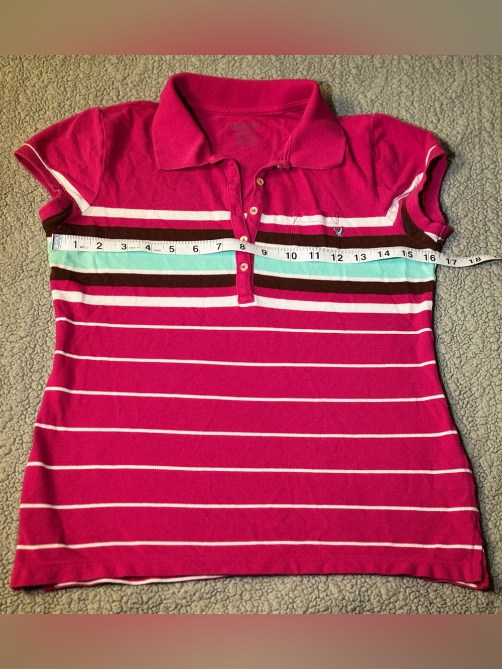 American Eagle Y2K Women's Striped Polo Short Sleeve Shirt Slim Fit Pink Small